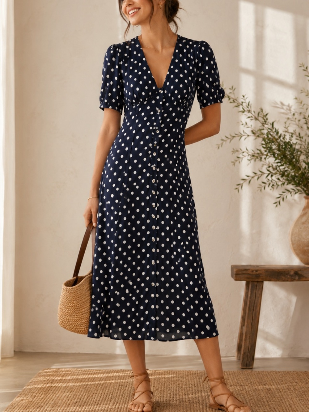 Reformation Lise Midi Dress in Polka Dot Blue White